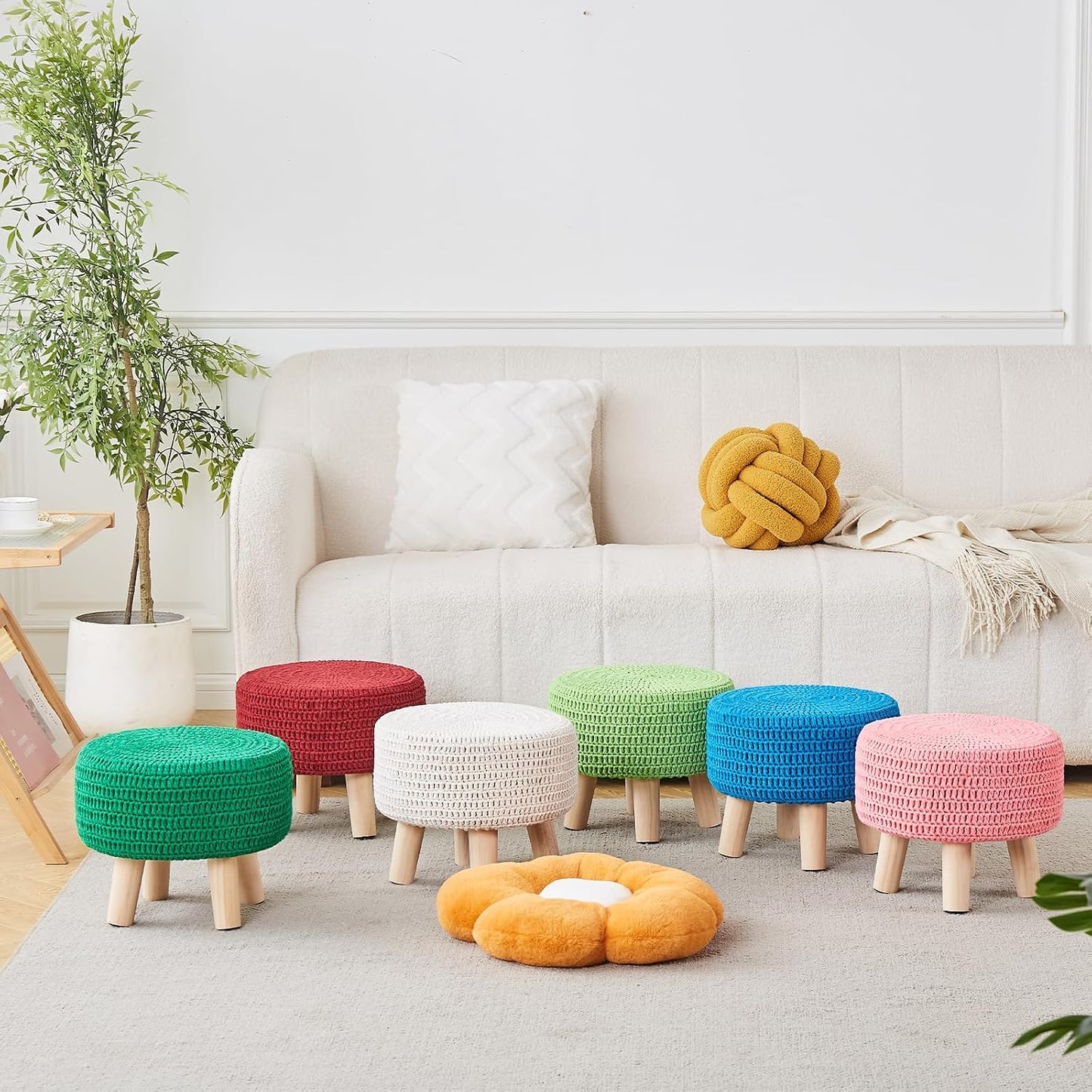 Wimarsbon Pouf Ottoman, 100% Cotton Knitted Boho Footstool, Round Footrest with Non-Skid Wood Legs, Home Décor Handmade Pouffe, Leisure Floor Step Stool for Living Room (Beige)