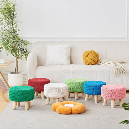 Wimarsbon Pouf Ottoman, 100% Cotton Knitted Boho Footstool, Round Footrest with Non-Skid Wood Legs, Home Décor Handmade Pouffe, Leisure Floor Step Stool for Living Room (Beige)