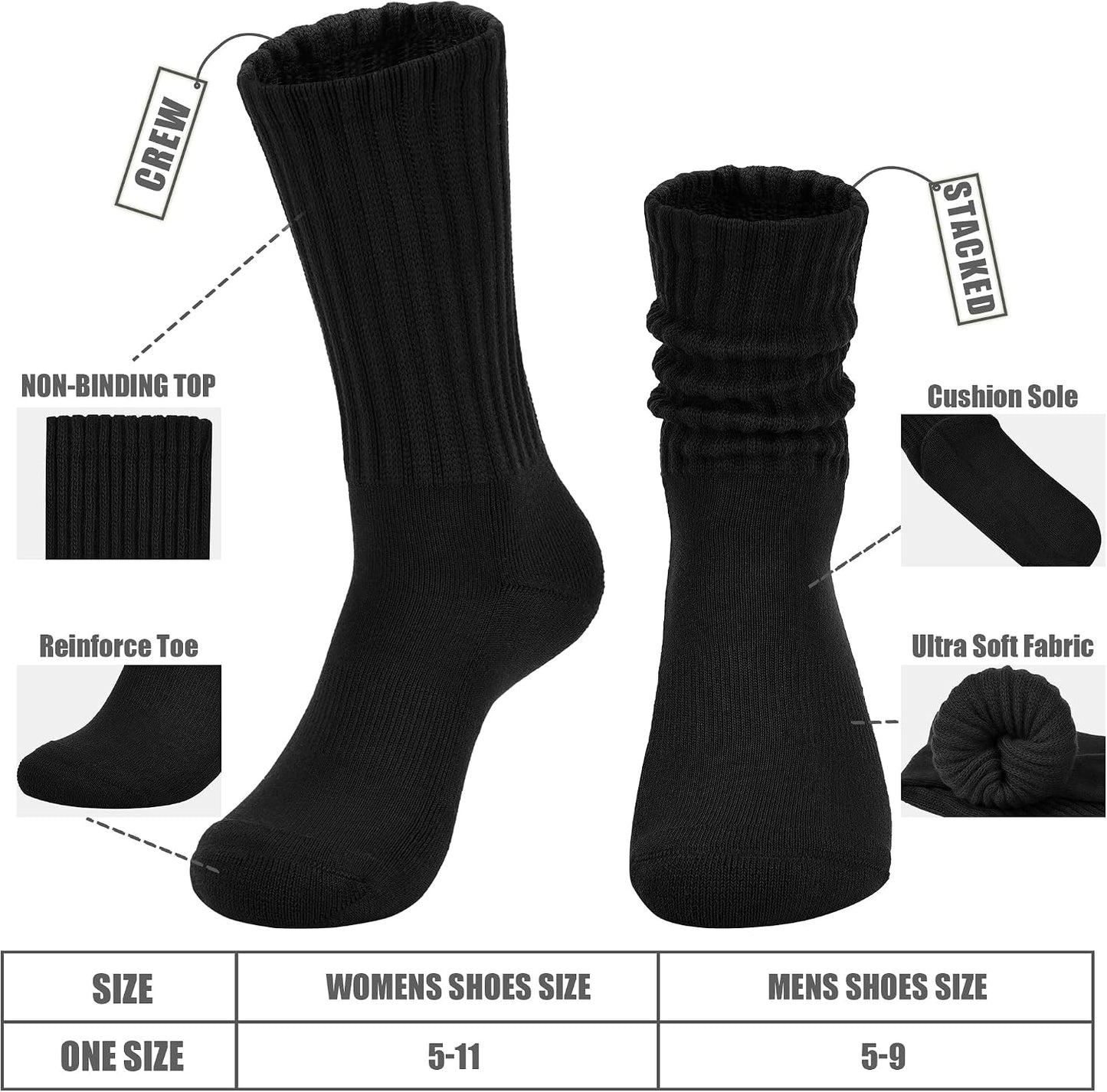AugRing Women's Scrunch Crew Socks Retro 3-Pack Solid Cotton Boot Calf Chunky Ribbed Cozy Slouchy Socks Size 5-11