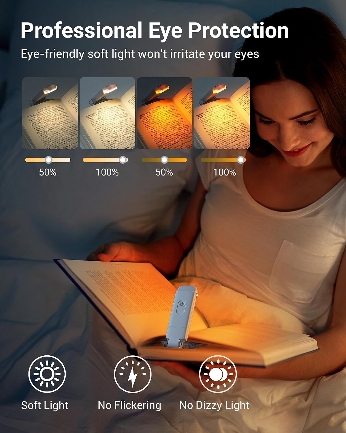 DEWENWILS Book Reading Light, USB Rechargeable Booklight for Reading at Night, LED Clip On Book Lights for Kids, Bookworms, Blue Light Blocking, Amber + Warm White (Green)