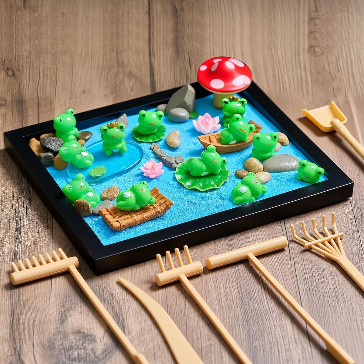 Soulchen Zen Garden Kit for Table Decor Christmas Sand Zen Garden Gifts Mini Sandbox Set with Black Wooden Tray, Sand, Tools & Accessories Japanese Gifts for Meditation Room Office Home