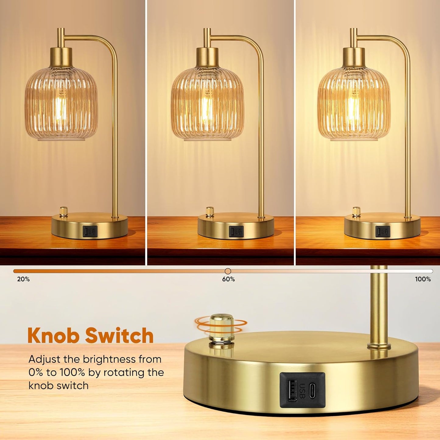 QiMH Industrial Table Lamp for Bedroom Set of 2, Green Glass Beside Lamp with USB A&C Ports, Stepless Dimmable Gold Lamps, Nightstand Lamps for Living Room, Office, Home Decor(Bulb Included)