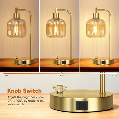 QiMH Industrial Table Lamp for Bedroom Set of 2, Green Glass Beside Lamp with USB A&C Ports, Stepless Dimmable Gold Lamps, Nightstand Lamps for Living Room, Office, Home Decor(Bulb Included)