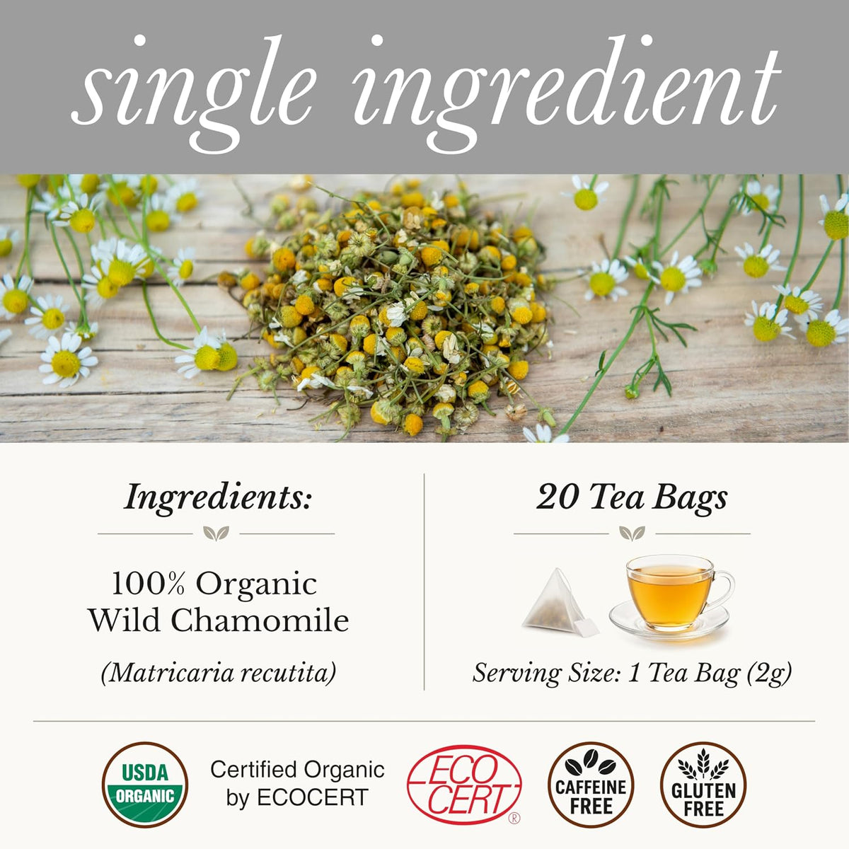 Wild Bliss Organic Chamomile Tea - Caffeine Free Calming Herbal Support - Pharmacopoeia Potency - 20 Plant Based Tea Bags