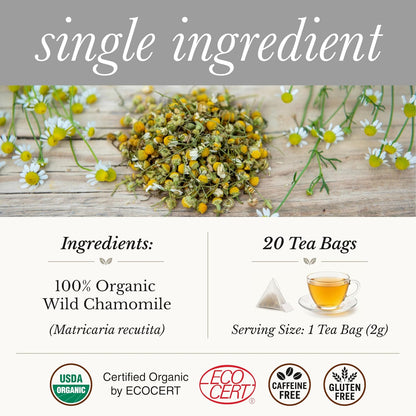 Wild Bliss Organic Chamomile Tea - Caffeine Free Calming Herbal Support - Pharmacopoeia Potency - 20 Plant Based Tea Bags