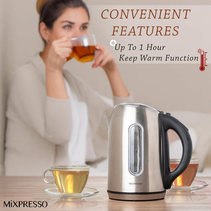 Mixpresso Electric Kettle Temperature Control, Hot Water Kettle Electric, Cordless 1 Liter Capacity, Keep Warm & LED Indicator, Auto-Shutoff, Boil-Dry Protection, Stainless Steel Electric Kettle