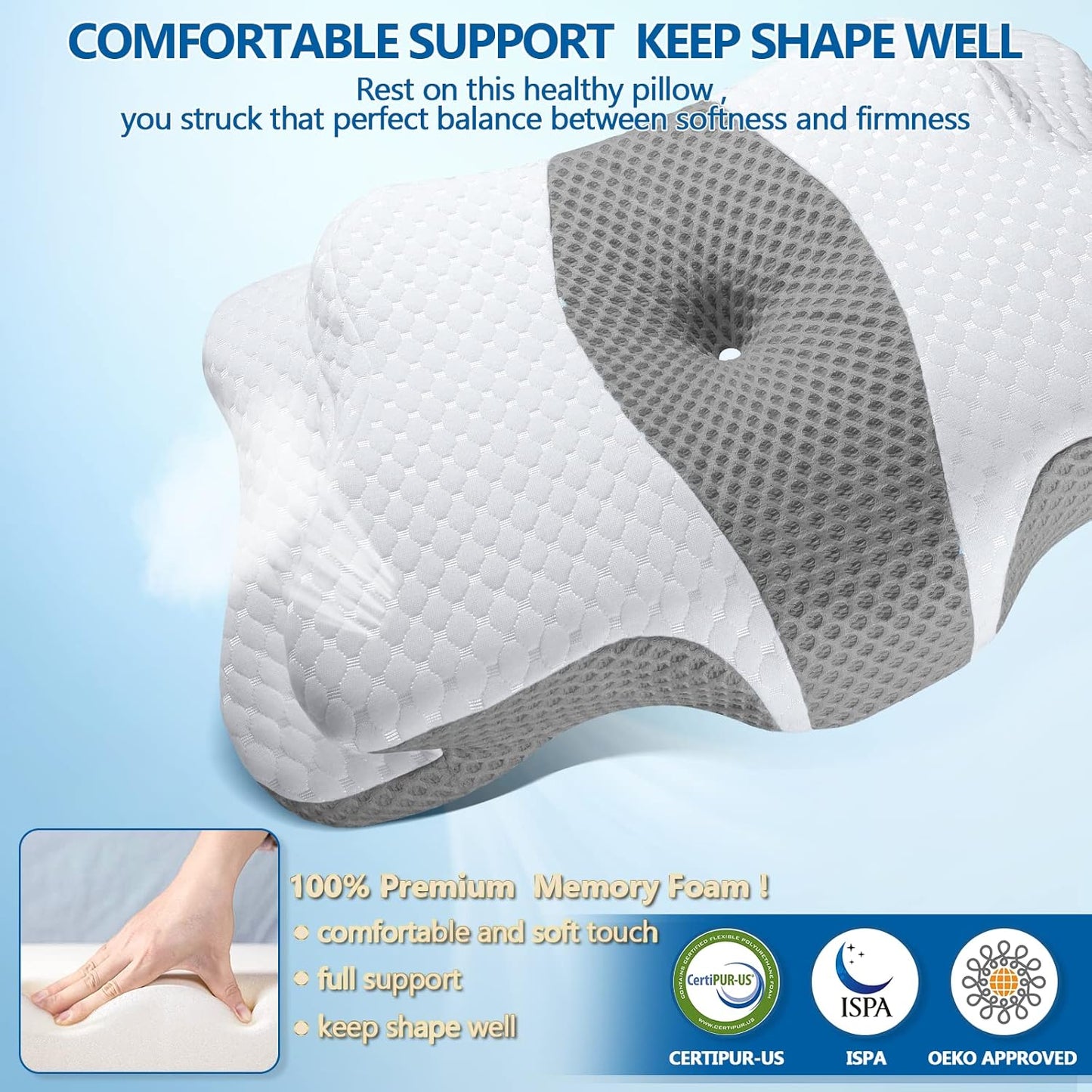 CHxxy Cervical Neck Pillow for Pain Relief Sleeping, Memory Foam Pillows, Ergonomic Side Sleeper Pillows, Cooling Orthopedic Neck Support Pillow for Back Stomach Sleepers-Queen Size Grey&Grey