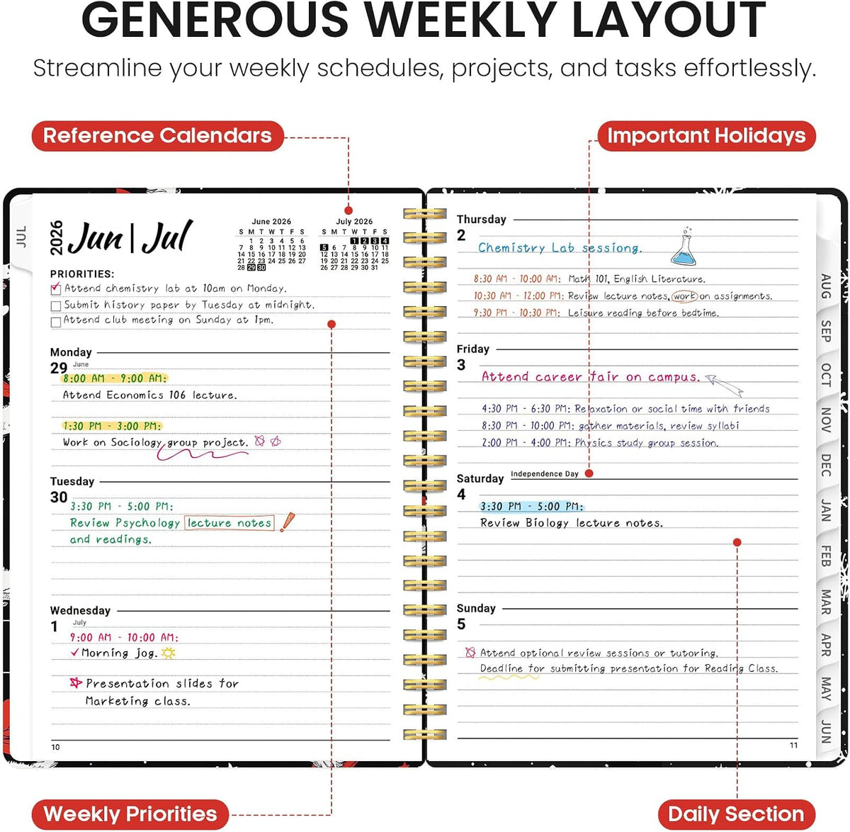 Planner 2026-2027, Jul 2026-Jun 2027 Academic Monthly & Weekly Planner - Colors B
