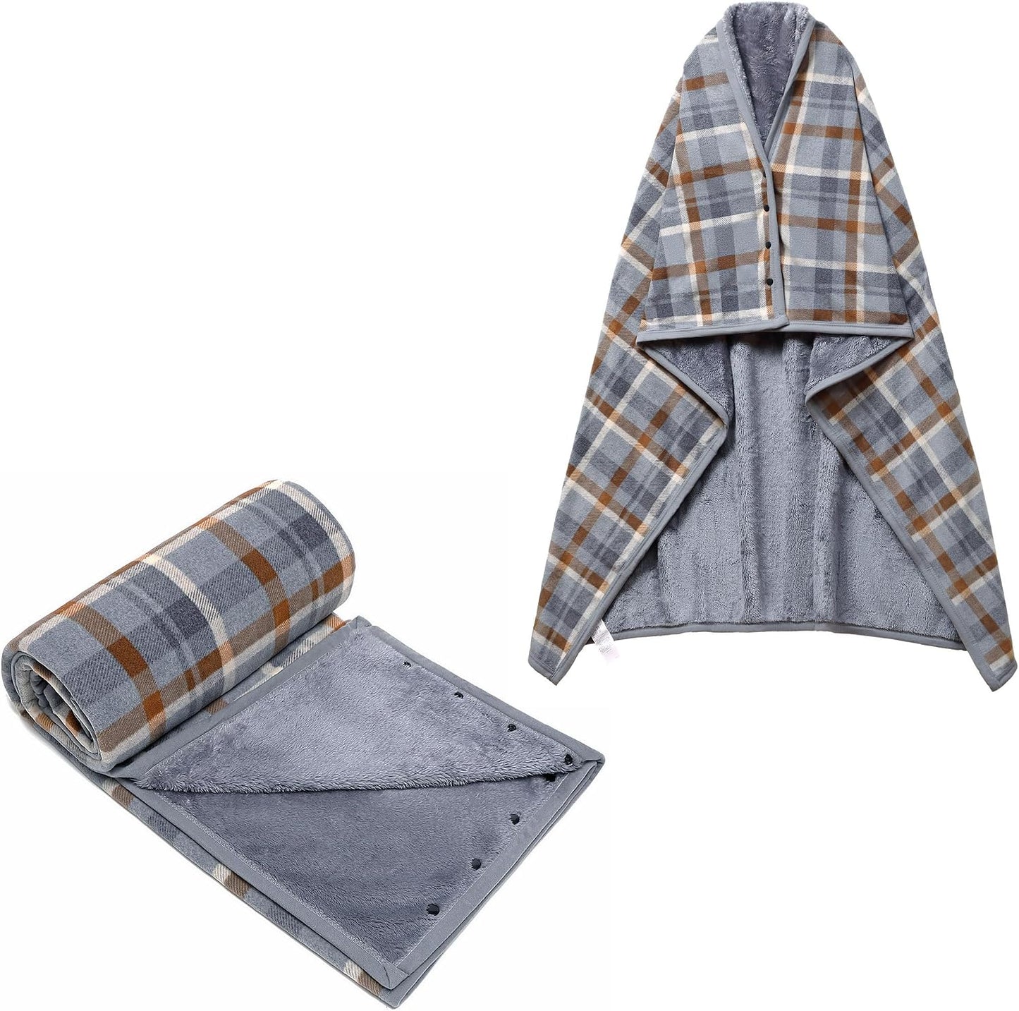 forestfish Fleece Wearable Blanket, Plaid Lap Blanket Comfy Poncho Throw with Buttons for Bed Sofa Office, Grey-White