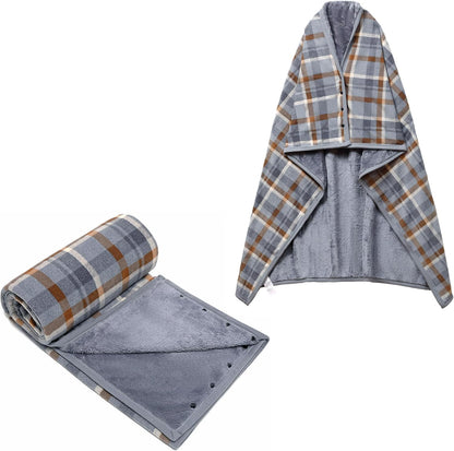 forestfish Fleece Wearable Blanket, Plaid Lap Blanket Comfy Poncho Throw with Buttons for Bed Sofa Office, Grey-White