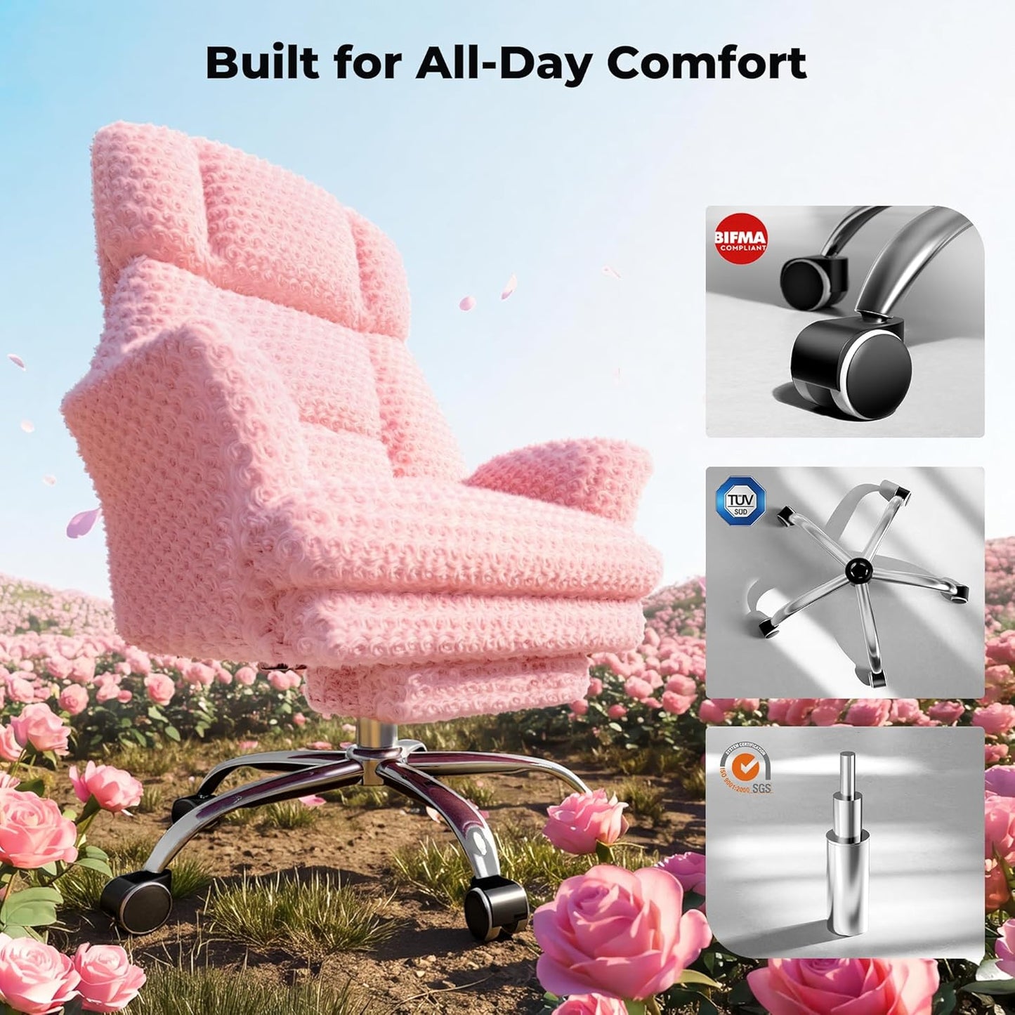 Big and Tall Office Chair, Flip Armrests for Pets & Cross Legged Sitting, Executive Ergonomic Computer Gaming Chair with Foot Rest, Teddy Fleece Wide Seat Reclining Desk Chair, White Vanity Chair