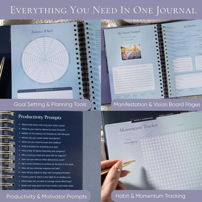 Vision Board Kit & Guided Manifestation Journal | Goal Planner & Habit Tracker, Self Care & Reflection Tools | Undated Vegan Leather Hardcover | Visions in Motion Portable Vision Board