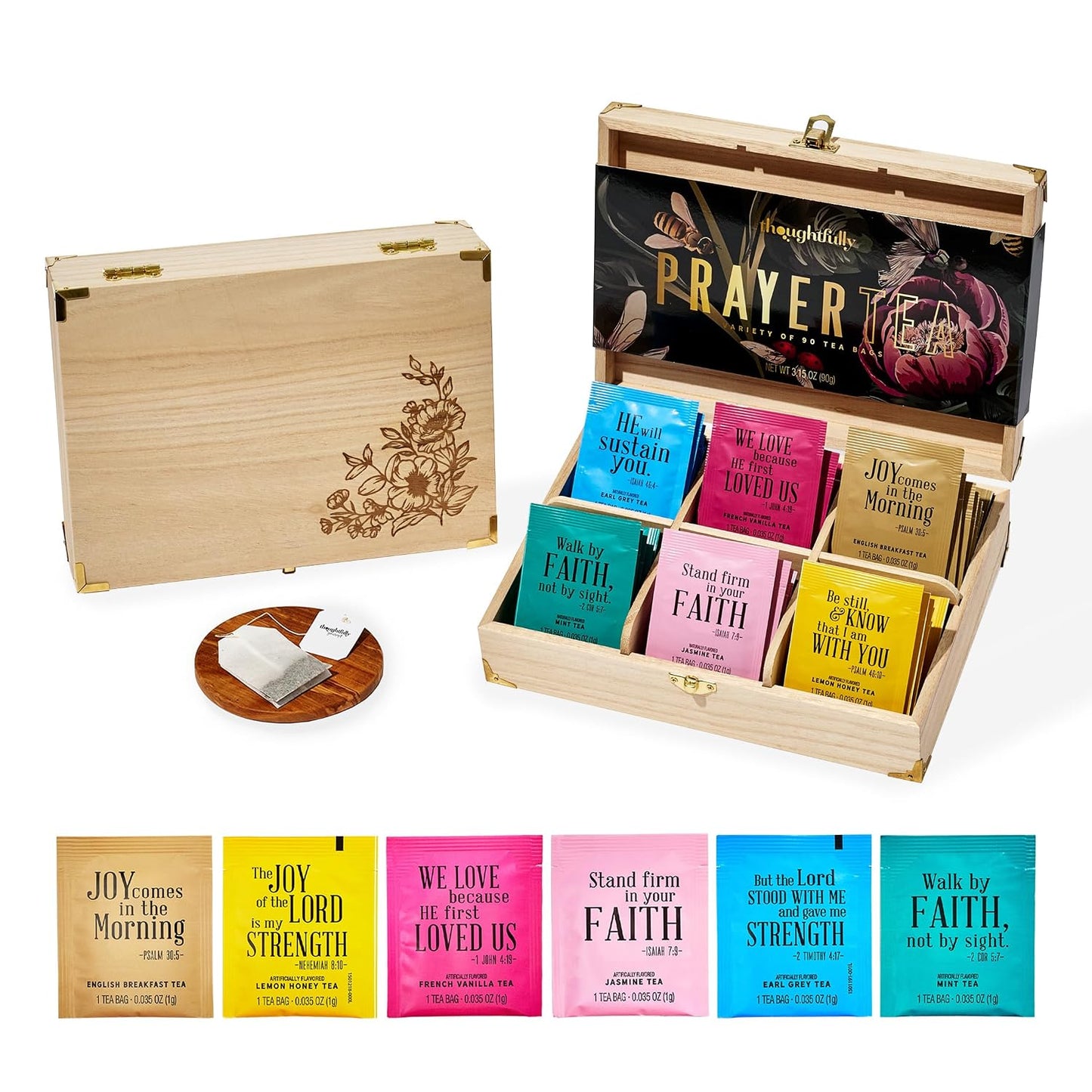 Thoughtfully, Tea Affirmations Christian Prayer Gift Set for Women, Religious Tea Gift with 6 Flavors and Bible Verses from Psalms and Other Books to Rejoice Pack of 90