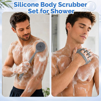 Manmihealth Silicone Back Scrubber (Thick Bristles) & Bath Glove & Face Brush Set (3PCS), Super-Exfoliating & Lathering Body Scrubber, Shower Brush, Face Scrubber Combination, with a Free Hook (Black)