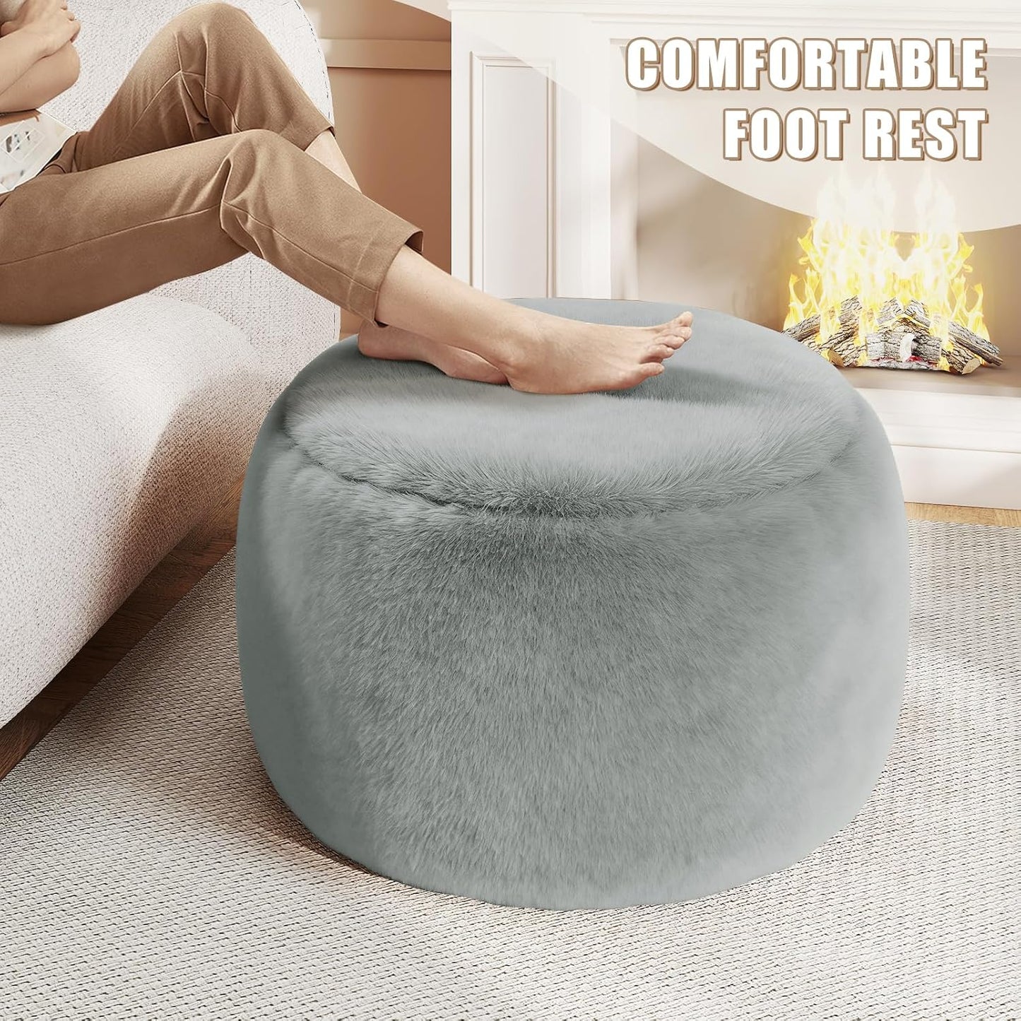 Round Stuffed Pouf Ottoman Foot Rest, Faux Fur Poufs with Memory Foam Filling, Ottomans for Living Room, Nursery, Dorm, Soft Foot Stool Ottoman for Couch, Perfect for Resting Your Feet (Grey, 20 Inch)