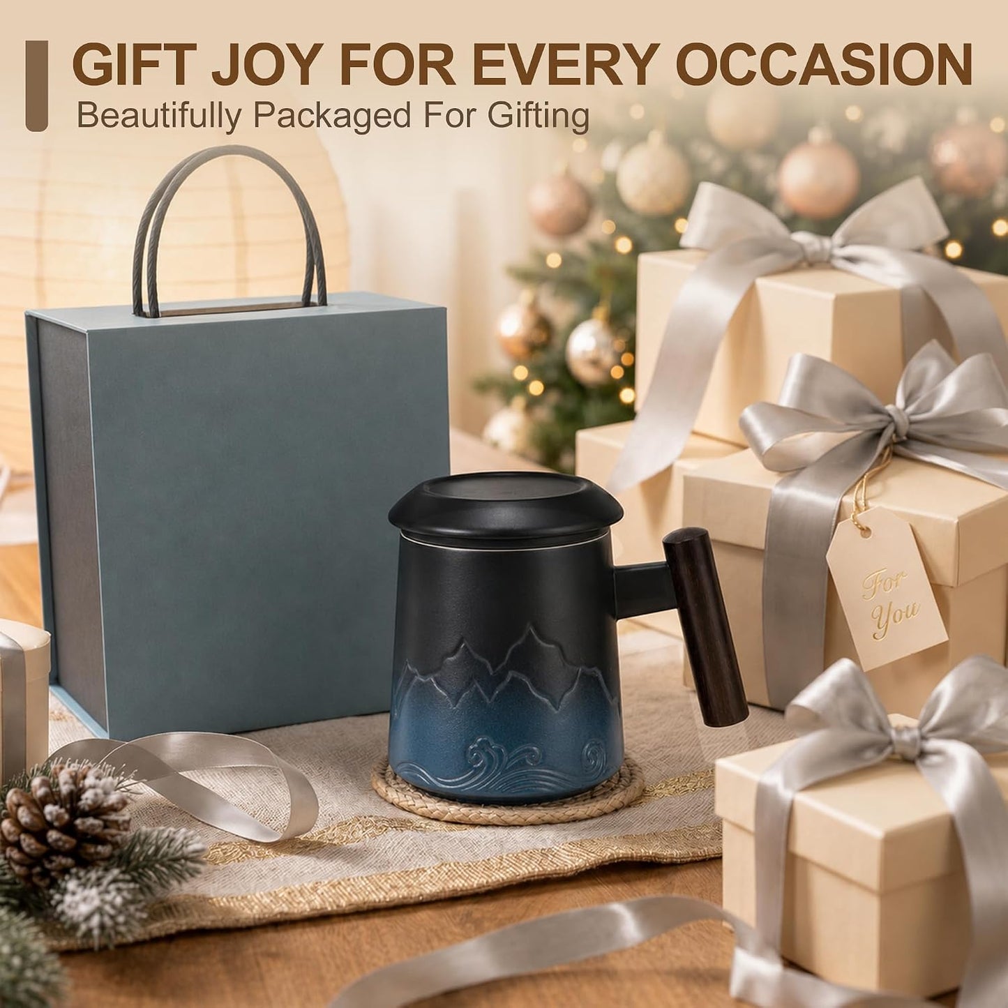 Tea Cup with Infuser and Lid, 14oz Ceramic Loose Leaf Tea Steeper Cup with Wood Handle and Cup Lid, Blue, Black