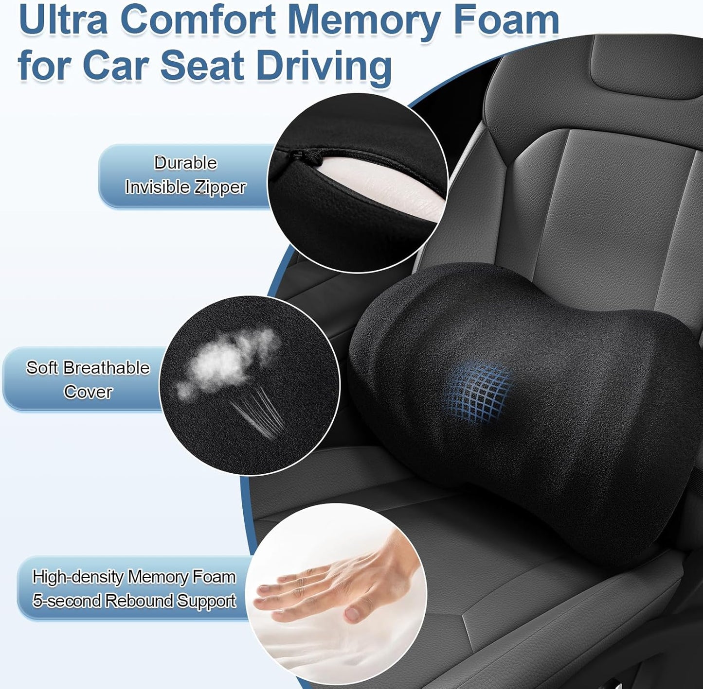 Lumbar Support Pillow for Car, Ergonomic Back Cushion with Strap, Memory Foam Lower Back Support Cushion for Driving, Lumbar Pillow for Pain Relief, for Office Chair, Long Sitting (Black 4D Mesh)