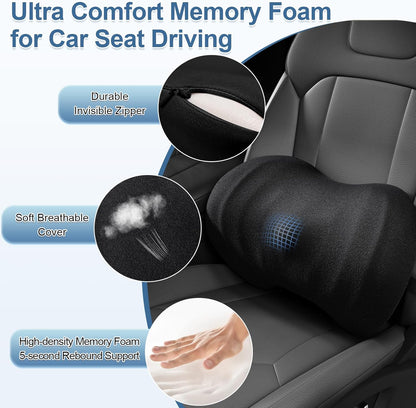 Lumbar Support Pillow for Car, Ergonomic Back Cushion with Strap, Memory Foam Lower Back Support Cushion for Driving, Lumbar Pillow for Pain Relief, for Office Chair, Long Sitting (Black 4D Mesh)