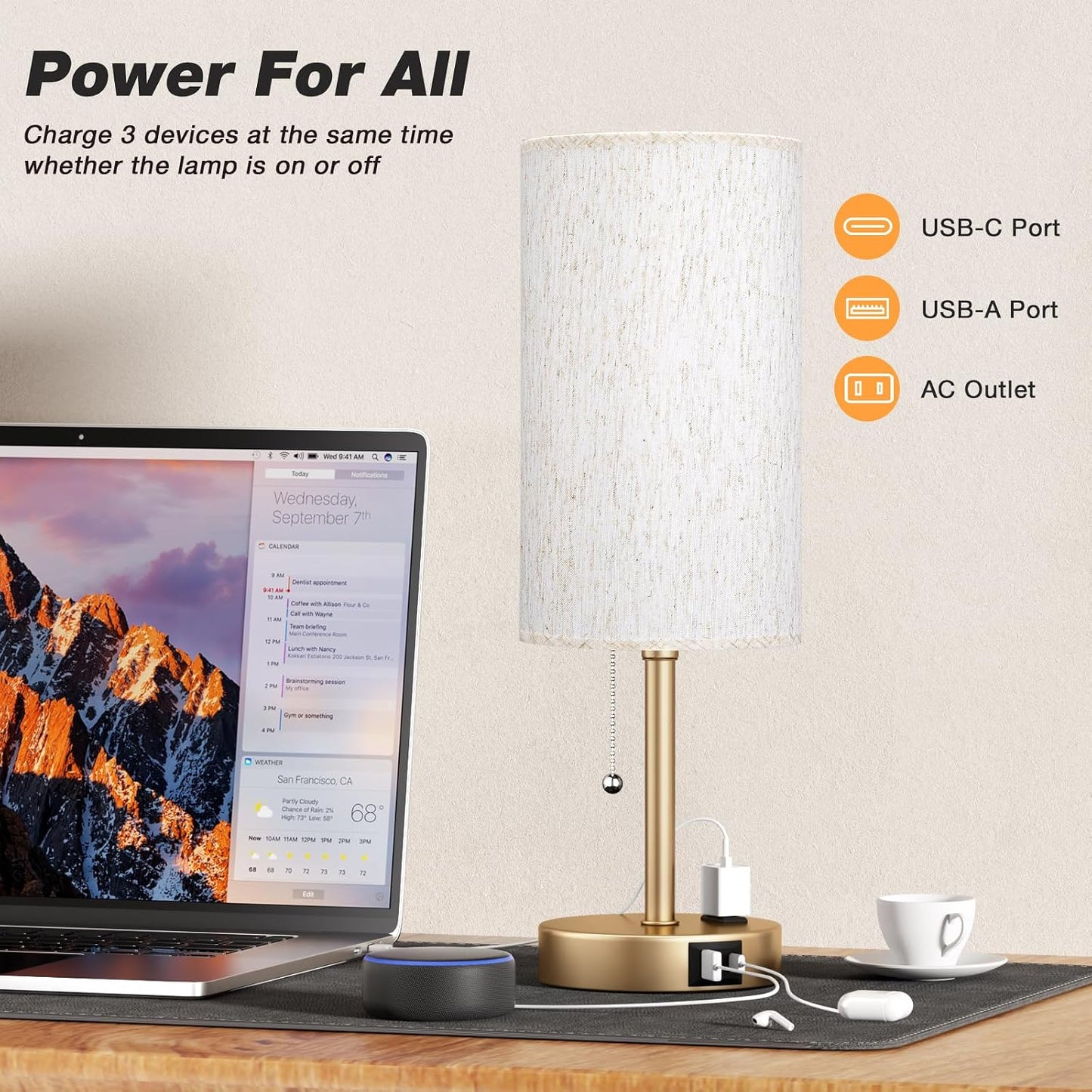 Small Bedside Table lamp for Bedroom - 3 Color Temperatures Bedside Lamps with USB C and A Ports, Pull Chain Table Lamps with AC Outlet, White Nightstand Lamps with Black Metal Base for Kids Reading