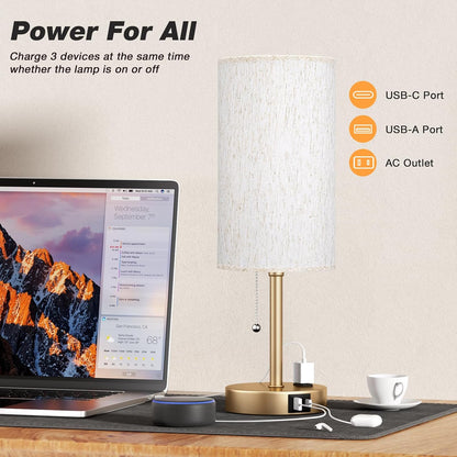 Small Bedside Table lamp for Bedroom - 3 Color Temperatures Bedside Lamps with USB C and A Ports, Pull Chain Table Lamps with AC Outlet, White Nightstand Lamps with Black Metal Base for Kids Reading