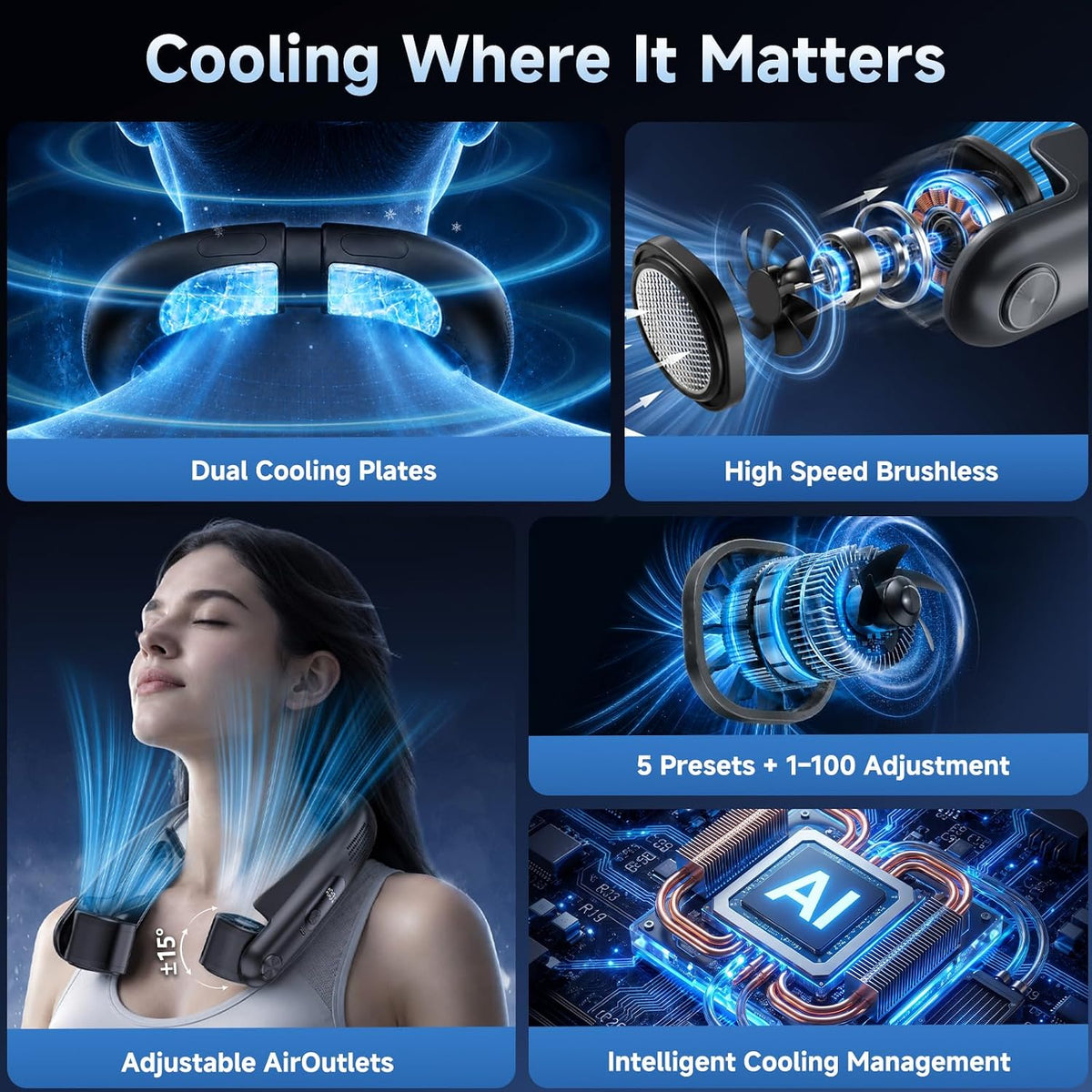 Portable Neck Fan with Cooling Plates, Neck Air Conditioner 100 Speed