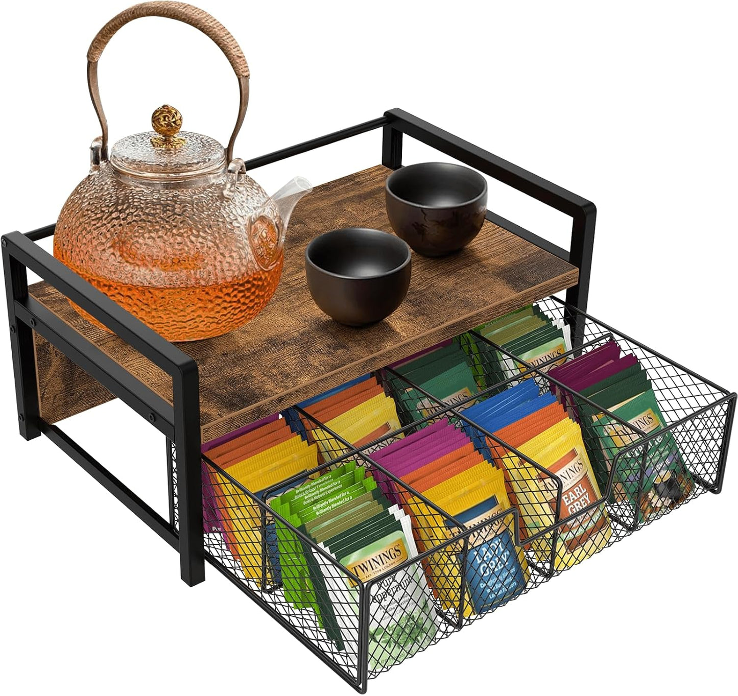Homode Wood Tea Bag Organizer, Teabag Holder with Drawer, Tea Organizers and Storage Box, 8 Compartments Tea Caddy Station Chests Display Container for Counter Kitchen, Black