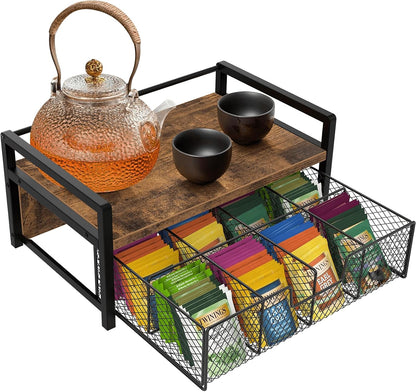 Homode Wood Tea Bag Organizer, Teabag Holder with Drawer, Tea Organizers and Storage Box, 8 Compartments Tea Caddy Station Chests Display Container for Counter Kitchen, Black