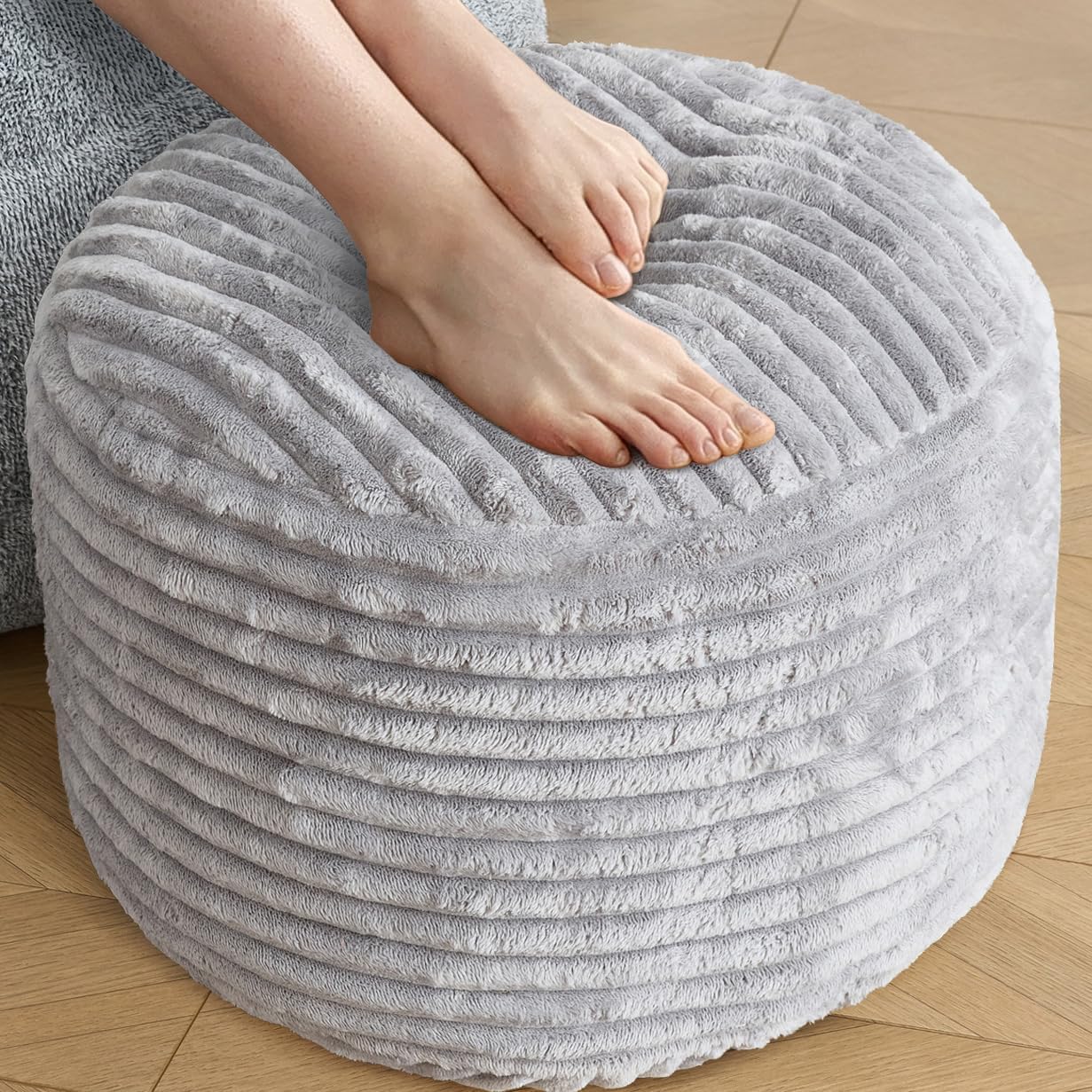 SHOUREN Stuffed Round Ottoman,Corduroy Pouf Ottoman Foot Rest with Foam Filling,Pouf Storage Ottoman Footstool for Living Room,20 X 15 Floor Poufs for Couch,Footrest Only - 20 X 15 Inches,Beige
