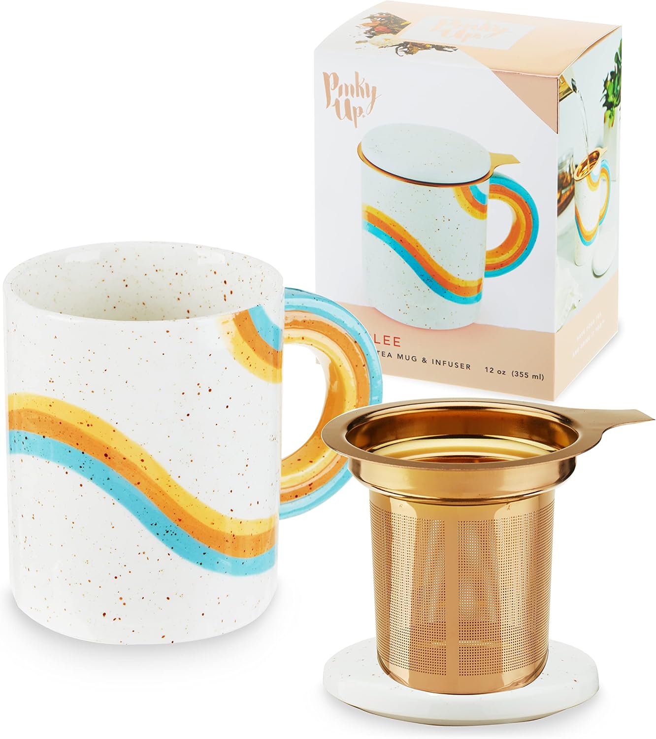 Pinky Up Annette Ceramic Tea Cup with Infuser and Lid, Travel Mug for Loose Leaf Teas, Home Office, Camping, Picnic Party, 12 oz, Set of 1, Honeycomb