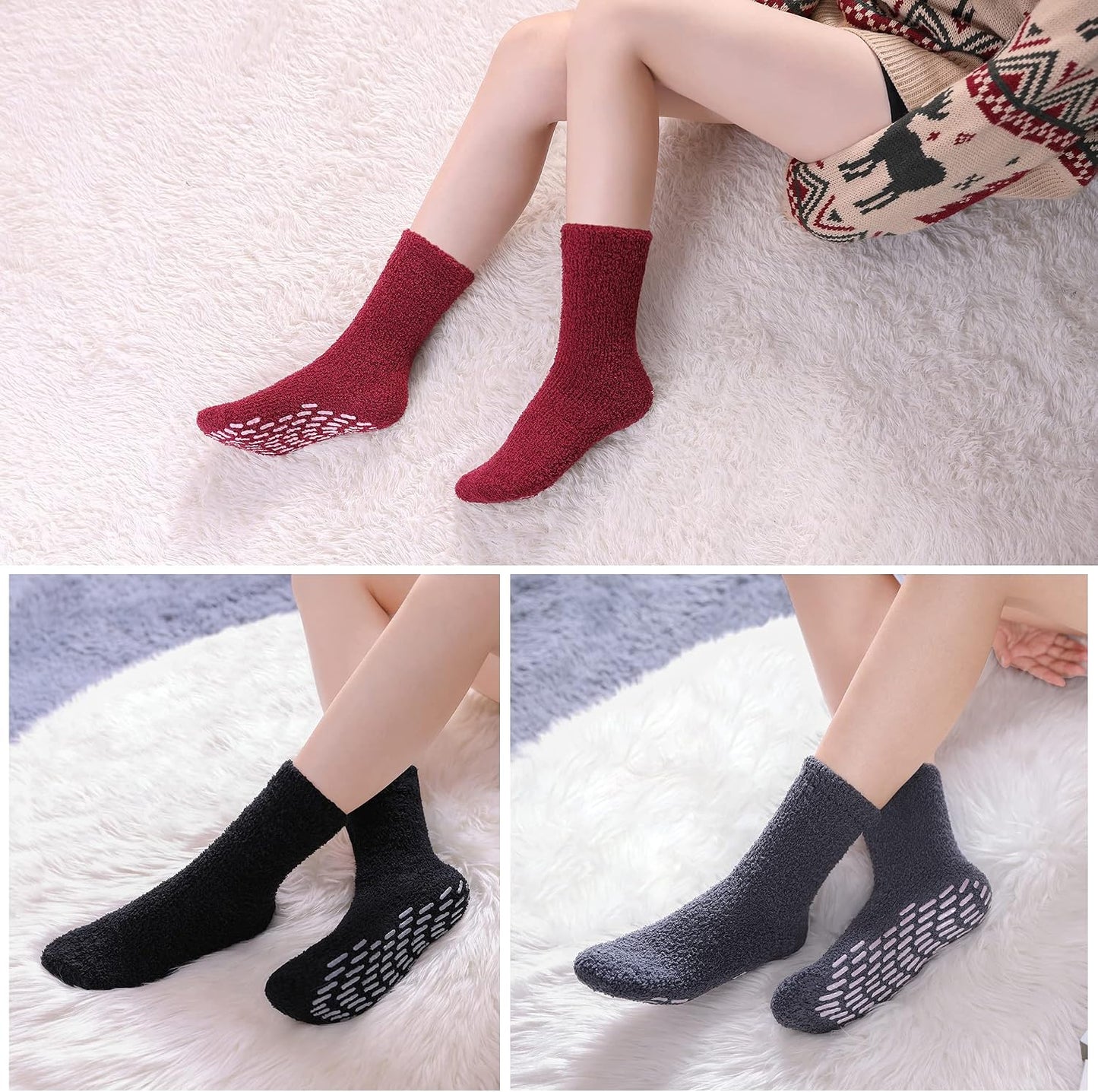 MQELONG Non Slip Hospital Socks with Grips for Women Winter Warm Cozy Fuzzy Slipper Soft Fluffy Sleep Socks