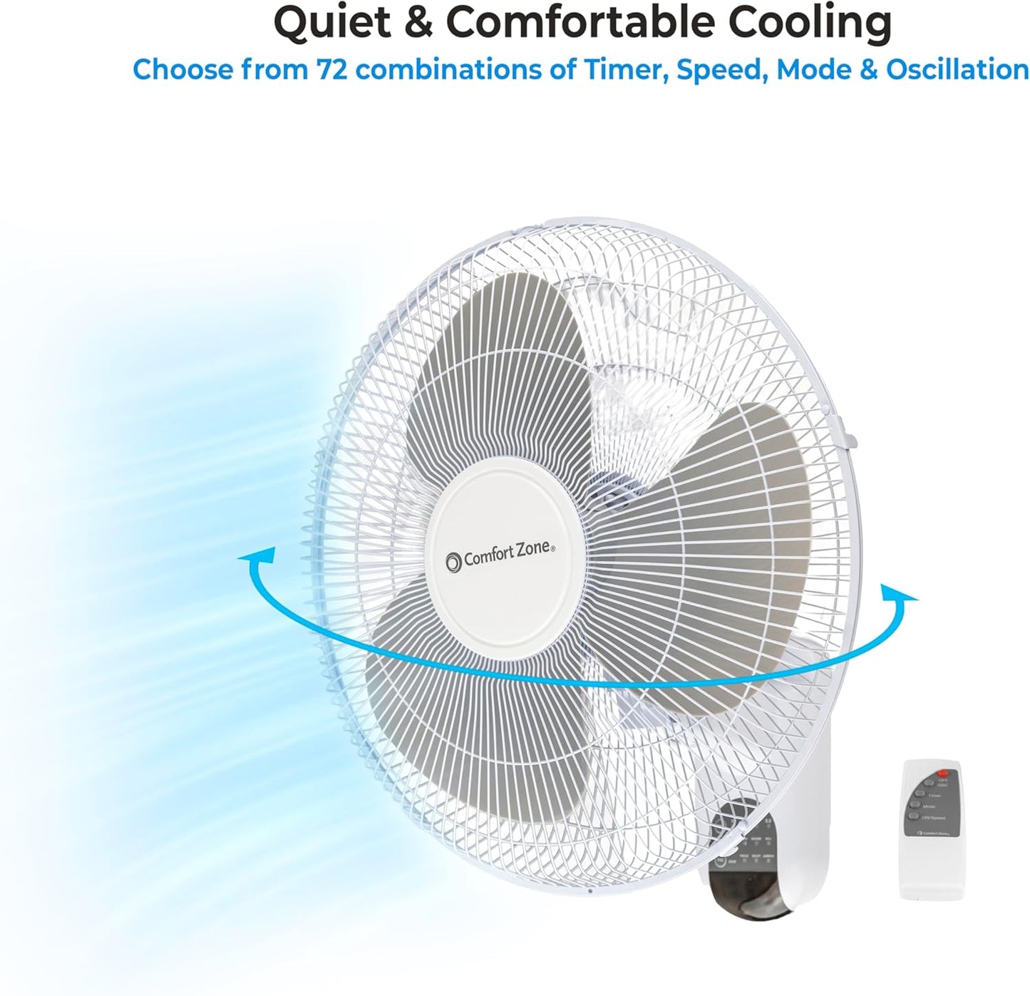 Comfort Zone 16-Inch Fan with Remote Control – Quiet 3-Speed Oscillating Indoor Fan with 90° Wide-Angle Airflow, Timer & Sleep Modes – Space-Saving Wall Fan for Bedroom, Home Gym & Office, White