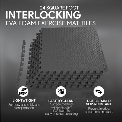 BalanceFrom Puzzle Exercise Mat 1/2" Thick, EVA Interlocking Foam Floor | Tiles for Home Gym, Mat for Home Workout Equipment, Floor Padding for Kids, Black, 24 in x 24 in x 1/2 in, 144 Sq Ft-36 Tiles