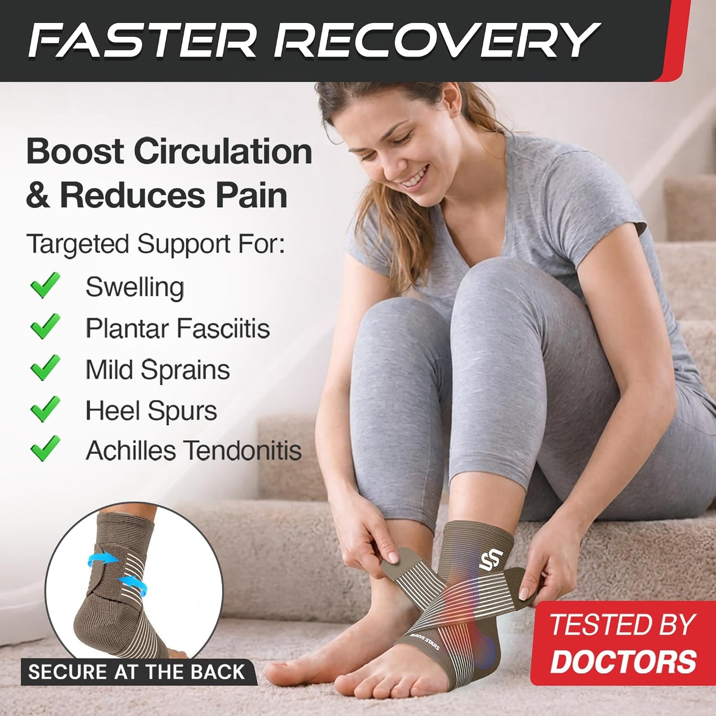 Sleeve Stars Ankle Brace for Women & Men, Ankle Wrap for Sprain, Compression Sleeve for Plantar Fasciitis Relief, Easy Customizable Support: w/ Removable Strap (Single/M:10"-12"/Black)