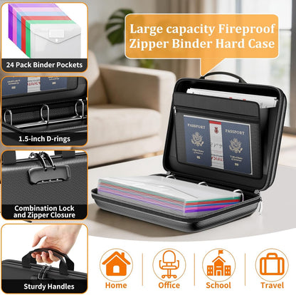 ENGPOW Fireproof Document Organizer Box with Lock & 24 Pack Binder Pockets