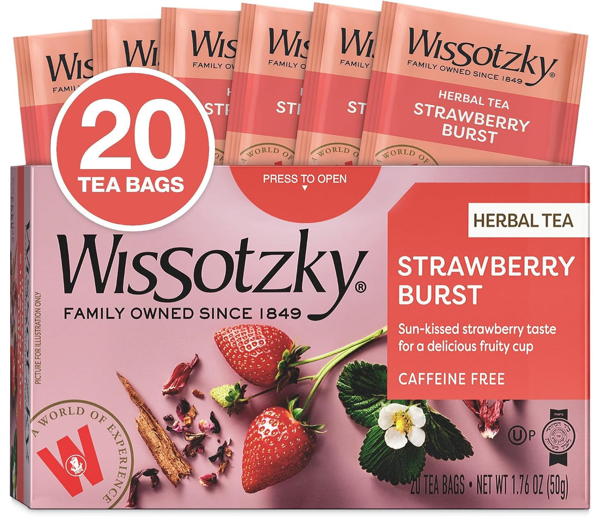 Wissotzky Strawberry Burst Herbal Tea, 20 Tea Bags | Fruity Blend | Caffeine Free Tea | Antioxidant Rich
