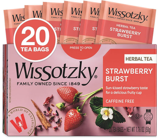 Wissotzky Strawberry Burst Herbal Tea, 20 Tea Bags | Fruity Blend | Caffeine Free Tea | Antioxidant Rich