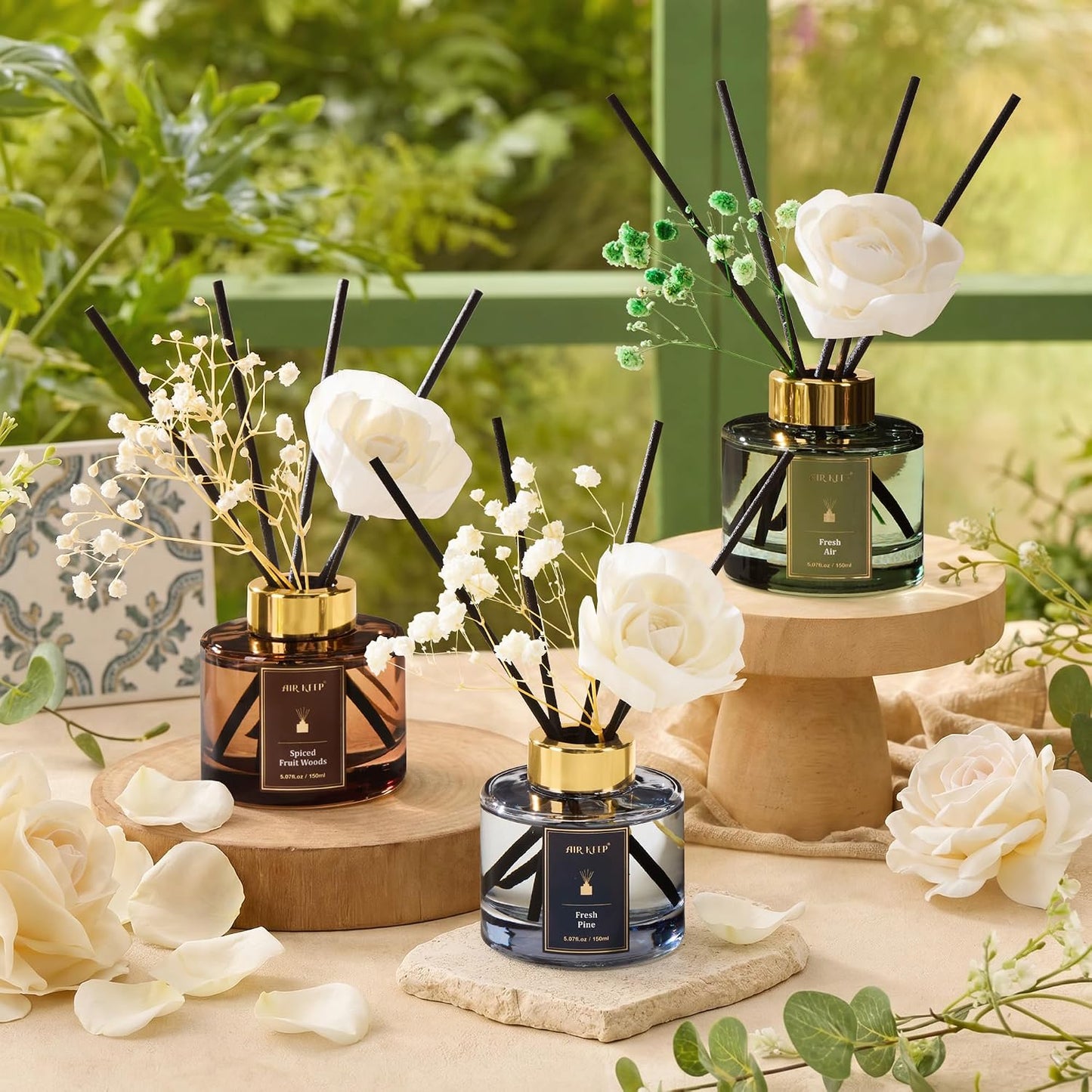 Airkeep Flower Reed Diffusers Set, 5.07 oz Freesia/Passion Fruit/Orange Scented Oil Diffuser with 8 Reed Sticks, Home Fragrance Diffuser Gift Set for Bathroom & Office Decor 150ml