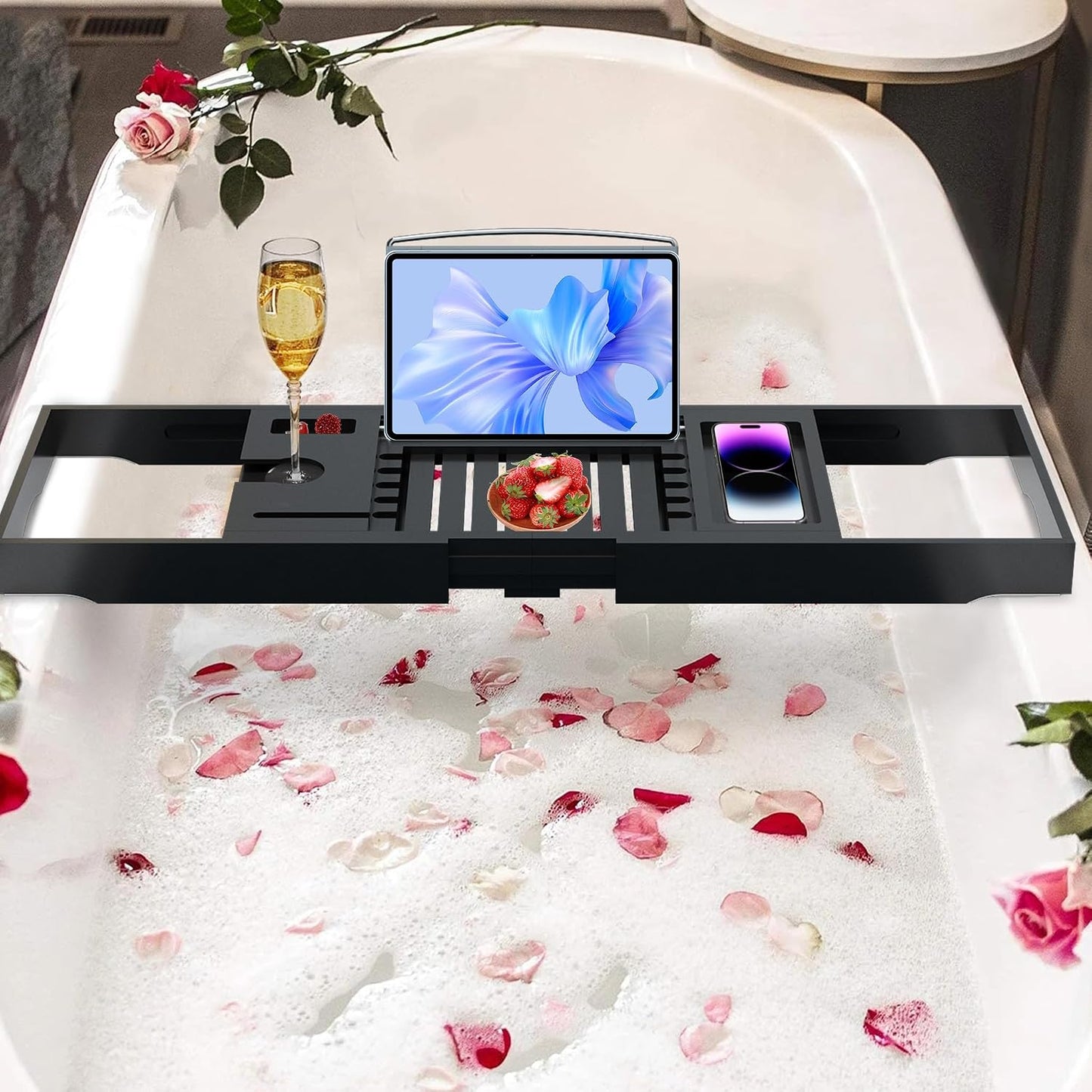 Artmalle Luxury Bathtub Caddy Tray for Tub - Foldable Bamboo Bath Table Tray with Book and Wine Glass Holder, Expandable Bathroom Accessories for Spa or Reading Lite Style