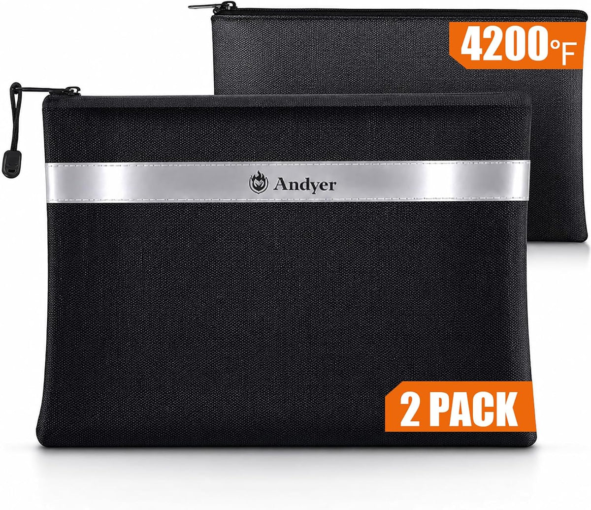 Andyer Fireproof Money Bag for Cash, 2 Pack Fire Proof Bag for Documents