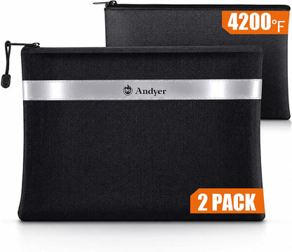 Andyer Fireproof Money Bag for Cash, 2 Pack Fire Proof Bag for Documents