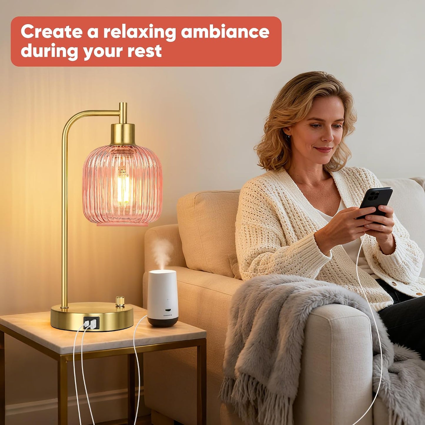 QiMH Industrial Table Lamp for Bedroom Set of 2, Green Glass Beside Lamp with USB A&C Ports, Stepless Dimmable Gold Lamps, Nightstand Lamps for Living Room, Office, Home Decor(Bulb Included)