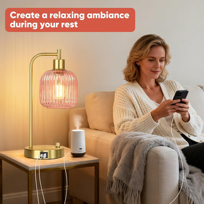 QiMH Industrial Table Lamp for Bedroom Set of 2, Green Glass Beside Lamp with USB A&C Ports, Stepless Dimmable Gold Lamps, Nightstand Lamps for Living Room, Office, Home Decor(Bulb Included)