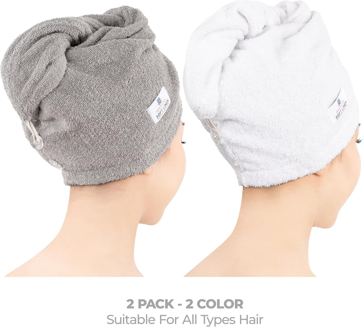 American Soft Linen 100% Cotton Hair Towels for Women, Head Towel Cap, Cotton Hair Turban Towel Wrap for Long Curly Anti Frizz Hair, Soft and Absorbent Cotton Hair Towels 2 Pack, White