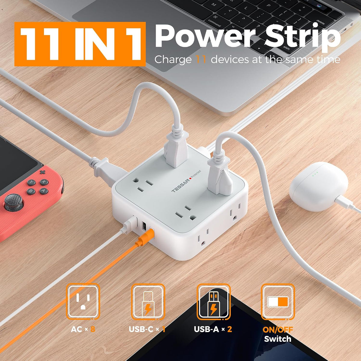 TESSAN Surge Protector Power Strip with 900J Surge Protection, 5 Ft, Grey