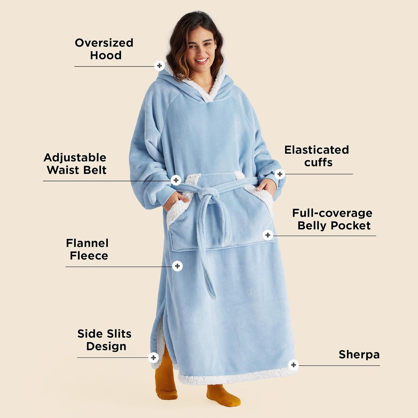 Bedsure Wearable Blanket Hoodie, Long Hooded Blanket Sweatshirt as Mothers Birthday Gifts for Women, Cozy Sherpa Hoodie for Adult, Standard, Grey