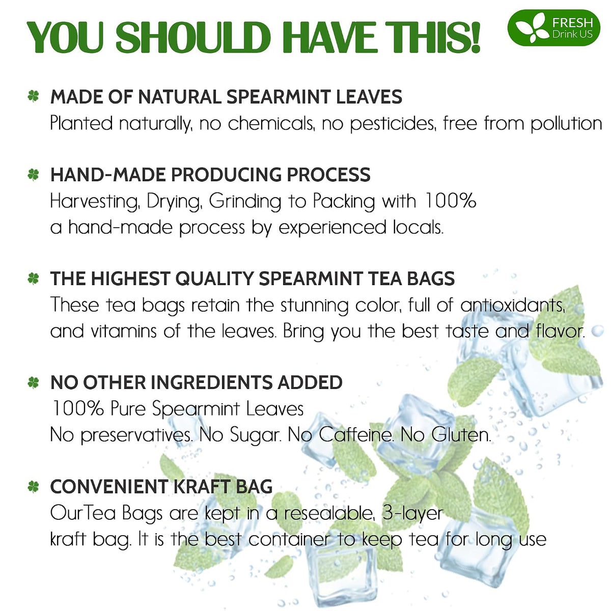 Spearmint Tea Bags, 100% Natural & Pure Spearmint Leaves. Loose Leaf Spearmint Herbal Tea. Spearmint Leaf Tea. No Sugar, No Caffeine, No Gluten, Vegan.
