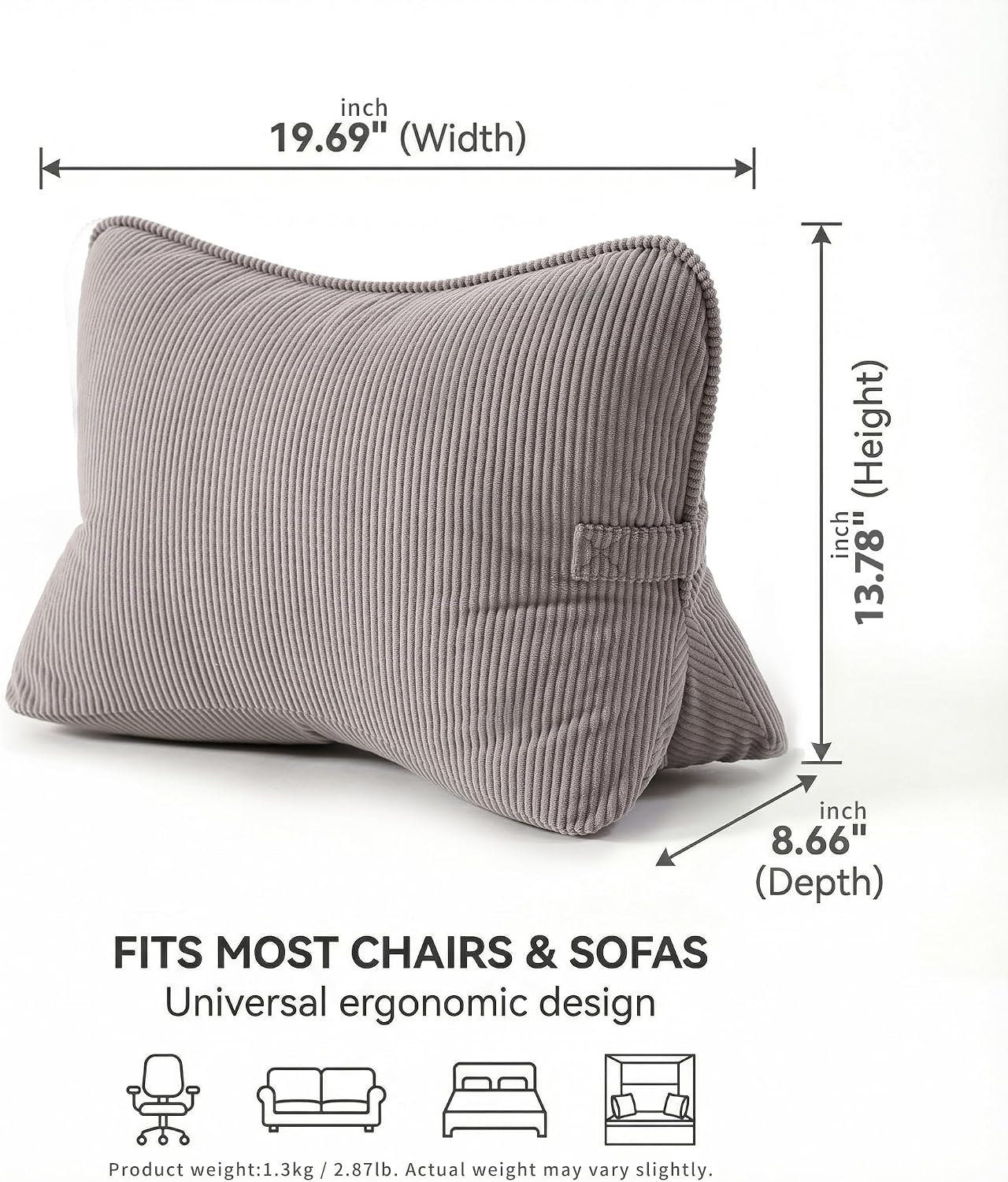Pat. Pend. Corduroy Lumbar Support Back Pillow for Watching TV, Reading & Gaming, Ergonomic Triangle Support Cushion for Sofa, Armchair & Bed Sitting, Removable Washable Cover, Beige Gray