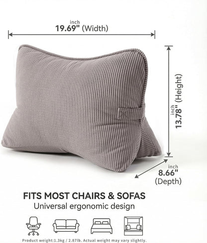 Pat. Pend. Corduroy Lumbar Support Back Pillow for Watching TV, Reading & Gaming, Ergonomic Triangle Support Cushion for Sofa, Armchair & Bed Sitting, Removable Washable Cover, Beige Gray