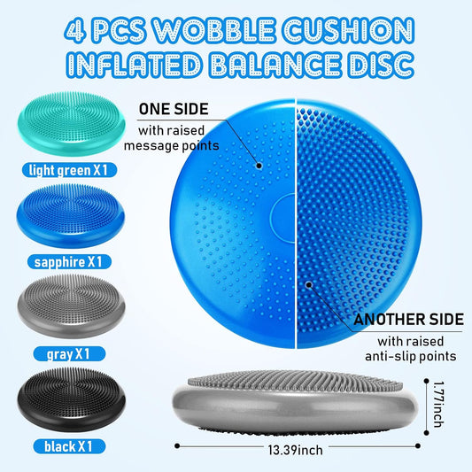 Sotiff 4 Pcs Inflated Wobble Cushion Wiggle Seat for Sensory Kids Flexible Seat for Classroom Wobble Disc with Inflation Pump Stability Balance Board for Adult Physical Therapy Exercise