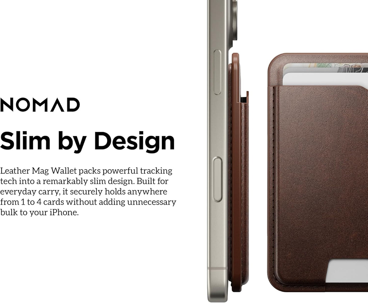 Nomad Leather Black Magsafe Wallet w/Integrated Tracking for iPhone, Slim Magsafe Card Holder for iPhone, Wallet GPS Tracker Card 5 Months Battery Life, Rechargeable, Compatible with iOS Only